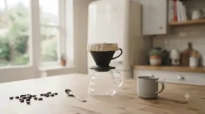 Eco-friendly coffee setup featuring a reusable cloth filter, glass jug, and stainless steel grinder for sustainable living.