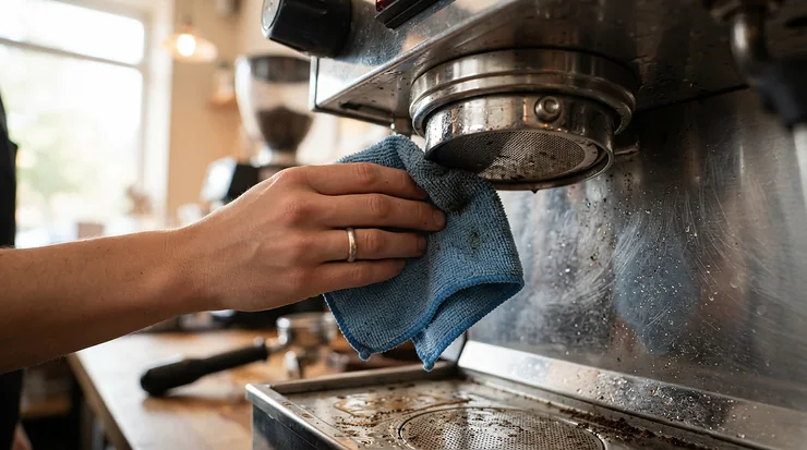 Wiping away stubborn group head oils after using backflush detergent for espresso machines