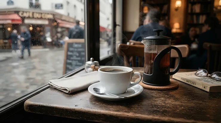 A traditional bistro style espresso cup and saucer set on a cafe table during a rainy afternoon