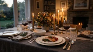 An elegant cappuccino cups and saucers set displayed after a dinner party with dessert plates
