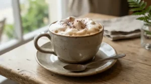 A cappuccino cups and saucers set showing deep interior dimensions designed for ideal milk foam capacity