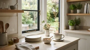 Glossy porcelain cappuccino cups and saucers set reflecting natural light on a marble countertop