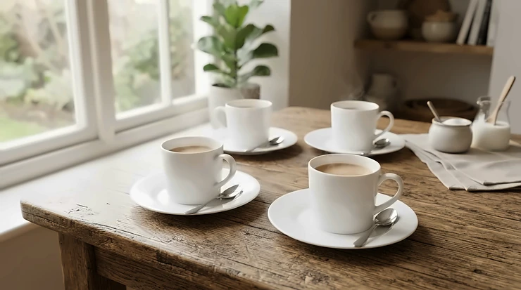 A classic porcelain cappuccino cups and saucers set arranged neatly on a wooden kitchen table