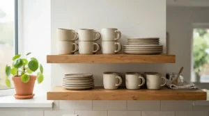 A neatly stacked cappuccino cups and saucers set stored efficiently in a modern kitchen
