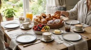 A colourful cappuccino cups and saucers set used during a relaxed weekend brunch spread