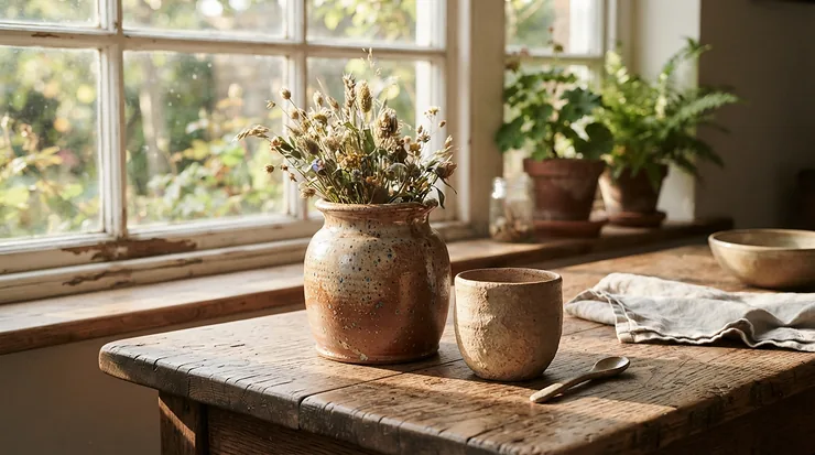A pair of handmade ceramic coffee mugs resting on a rustic wooden kitchen table during morning tea time