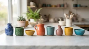A collection of pastel ceramic coffee mugs showcasing a smooth glossy glaze finish on a marble worktop