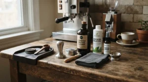 An all-in-one set of coffee machine cleaning kits positioned next to a portafilter and tamper on a wooden station.