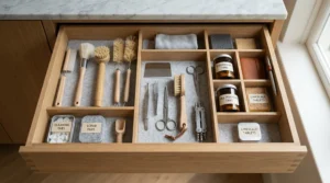 Compact coffee machine cleaning kits stored efficiently inside a kitchen drawer alongside espresso accessories.