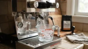 A close-up view of coffee machine cleaning kits being used during a descaling cycle on a stainless steel appliance.