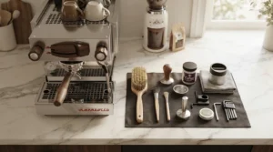 An illustration of coffee machine cleaning kits laid out neatly on a modern kitchen counter next to a shiny espresso maker.
