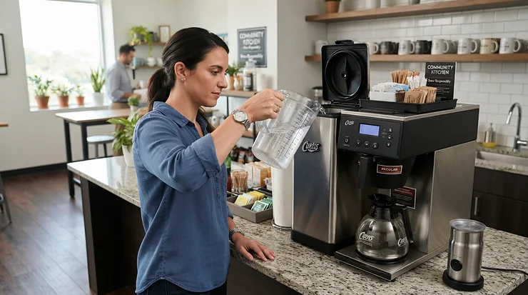 Office workers using coffee machine cleaning kits to descale the communal bean-to-cup machine in a British workplace.