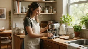Affordable coffee machine cleaning kits being used by a student in a cosy flat to maintain a pod coffee maker.