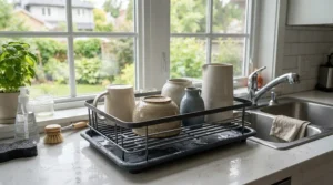 Clean dishwasher safe ceramic coffee mugs drying on a modern wire rack after breakfast
