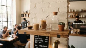 Stylised display of double-wall glass coffee cups on a wooden cafe shelf alongside brewing equipment.