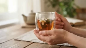 Someone holding warm double-wall glass coffee cups with both hands without feeling the heat.