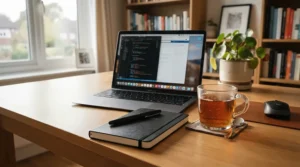 A person working at a desk next to double-wall glass coffee cups holding an energising brew.