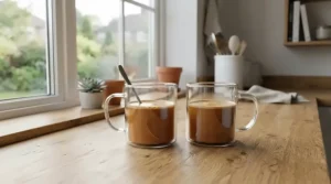 A pair of sleek double-wall glass coffee cups sitting neatly on a modern kitchen counter during a quiet morning at home.