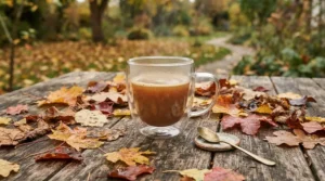 Double-wall glass coffee cups placed on an outdoor patio table during a fresh autumn morning.