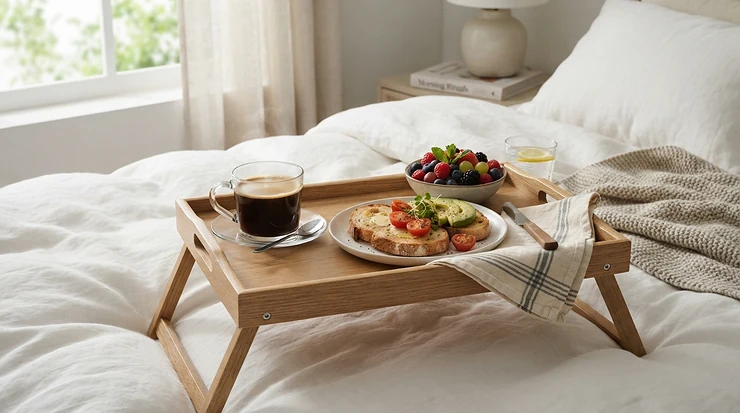 Double-wall glass coffee cups part of a leisurely weekend breakfast tray in bed.