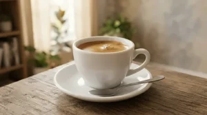 An elegant porcelain espresso cup and saucer set filled with a rich shot of artisan coffee