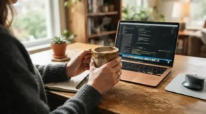An everyday ceramic coffee mug held by a person working remotely at a wooden home office desk