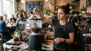 Barista using professional grinder cleaning tablets in a busy independent café setting