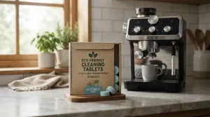 Box of natural grinder cleaning tablets sitting neatly beside a domestic coffee machine