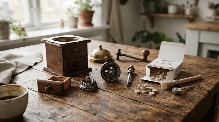 Using grinder cleaning tablets to service a manual hand-crank coffee grinder