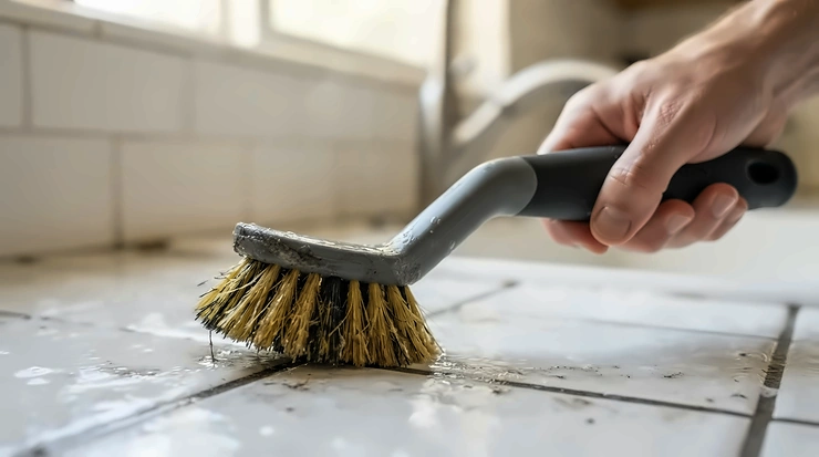Demonstrating the angled bristles of a group head brush for espresso machine