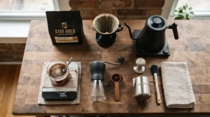 A professional barista cleaning kit featuring a group head brush for espresso machine maintenance