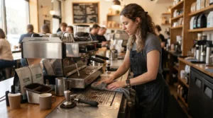 Barista keeping the workspace spotless with a group head brush for espresso machine
