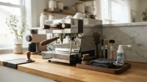 An assortment of barista accessories including a group head brush for espresso machine