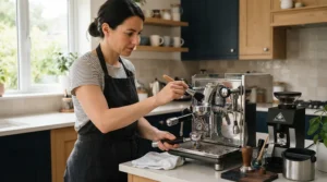 A home barista using a durable group head brush for espresso machine after morning coffee