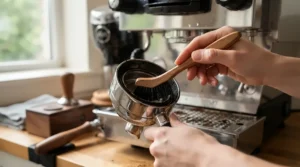 Sweeping away loose grounds with a group head brush for espresso machine near the portafilter lock