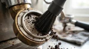 A group head brush for espresso machine clearing out stubborn coffee grounds residue