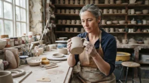 A potter inspecting handcrafted ceramic coffee mugs before applying a colourful reactive glaze finish