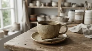 A handcrafted glazed espresso cup and saucer set showcasing artisan pottery textures