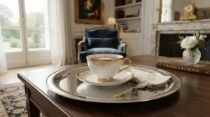 A luxury gold rimmed espresso cup and saucer set sitting on a silver tray during afternoon tea