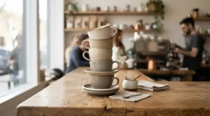 Stylish matte ceramic coffee mugs stacked neatly on a wooden independent cafe counter