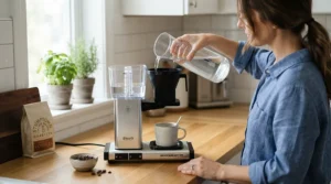 Pouring milk frother cleaning solution into the water tank of an automatic coffee maker.