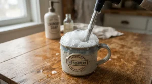 A step-by-step guide scene showing milk frother cleaning solution flushing through a frothing attachment.