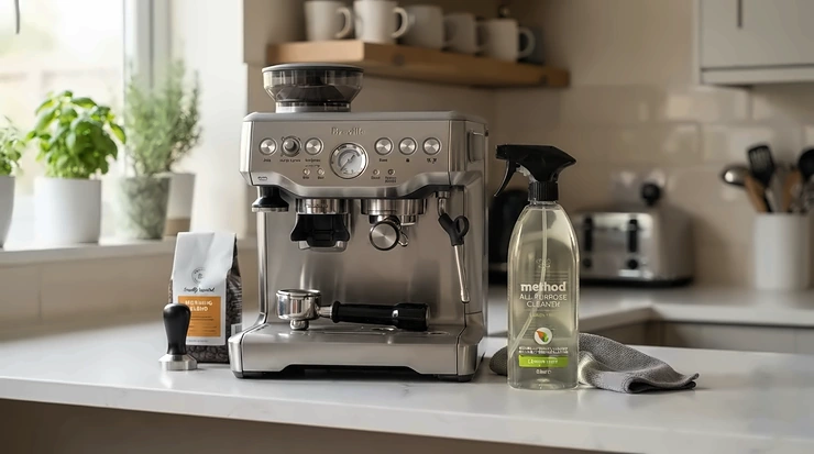 A bottle of milk frother cleaning solution next to a modern espresso machine on a granite countertop.