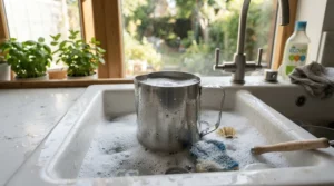 A stainless steel milk jug soaking in water mixed with milk frother cleaning solution.