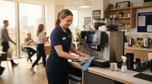 An office worker using milk frother cleaning solution to clean the shared workplace coffee station.
