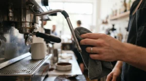 Applying milk frother cleaning solution to remove milk residue from a stainless steel steam wand.