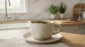 A modern ceramic espresso cup and saucer set featuring thick walls for heat retention
