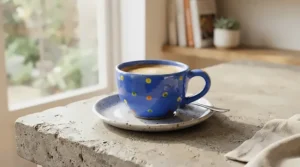 A durable stackable espresso cup and saucer set displayed in a contemporary breakfast nook