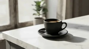 A stylish black espresso cup and saucer set paired with a silver spoon on a marble countertop