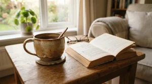 A tall ceramic coffee mug with a generous capacity sitting beside an open book on a cosy armchair